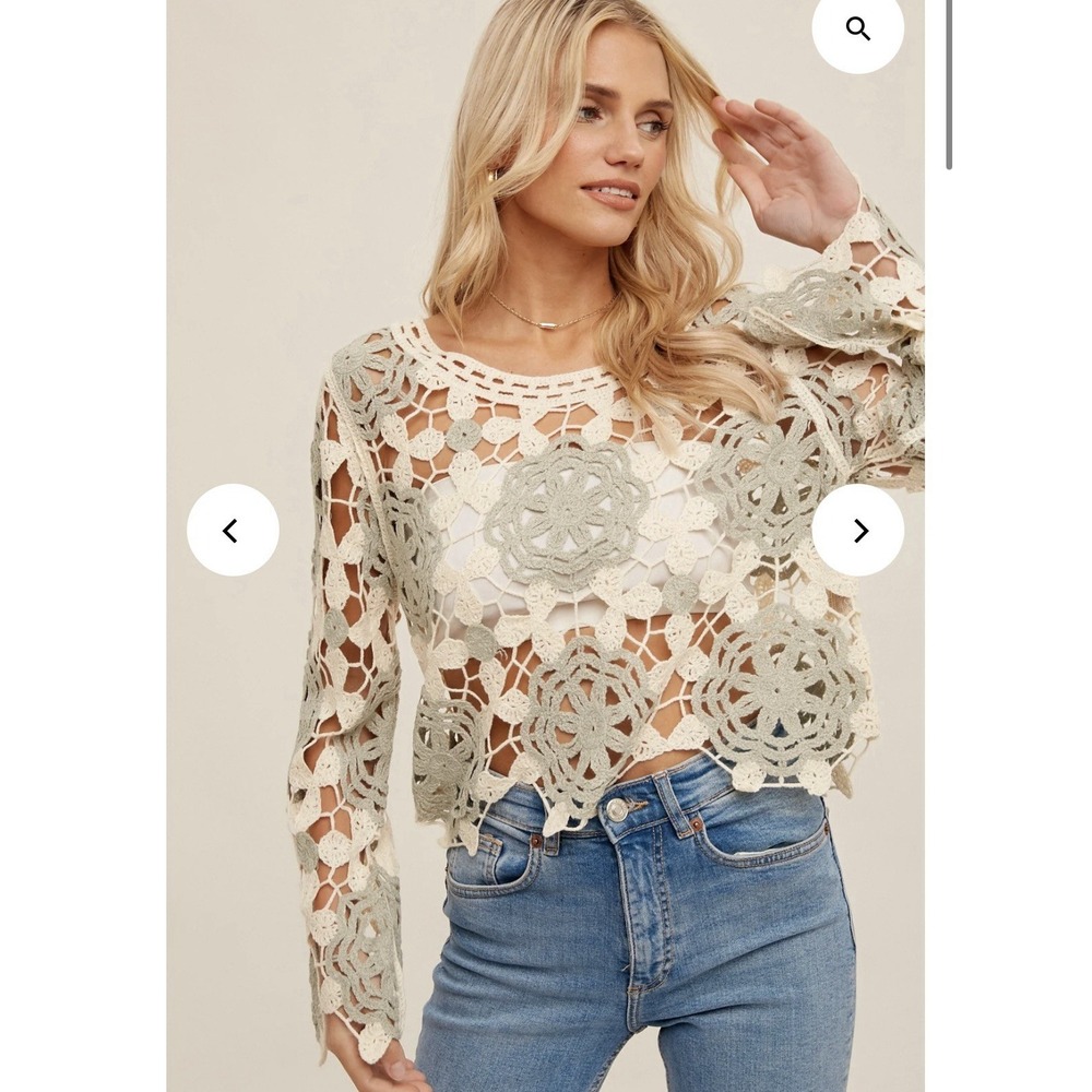 Hem and Thread Women's Open Weave Crochet Sweater Sage, Long Sleeve, Size M/L